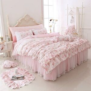 Bedding Set TWIN Duvet Cover Skirt Roses Pink Lace Ruffle Floral Shabby Chic
